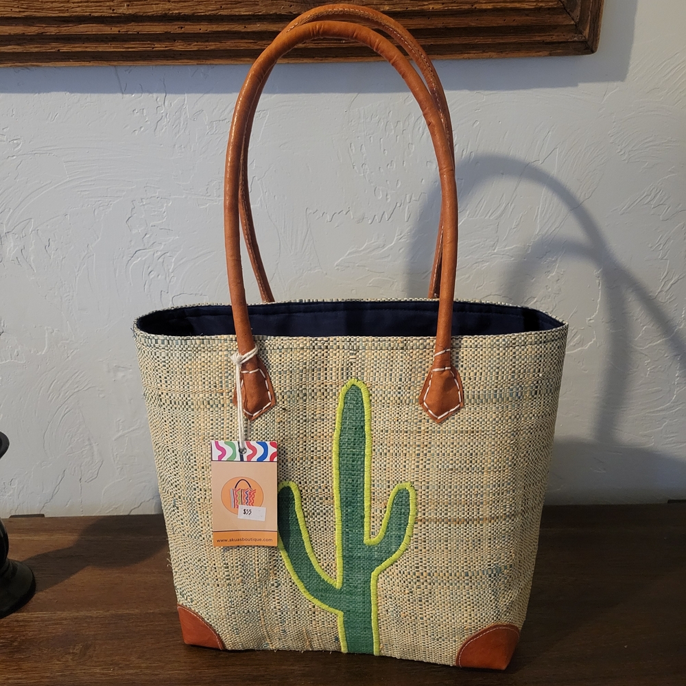 Handwoven Cactus Tote Bag with Faux Leather Handles - Natural & Gree